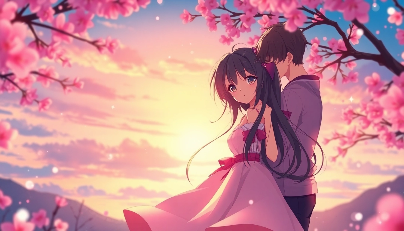 Anime sex scene with romantic characters in a dreamy cherry blossom landscape