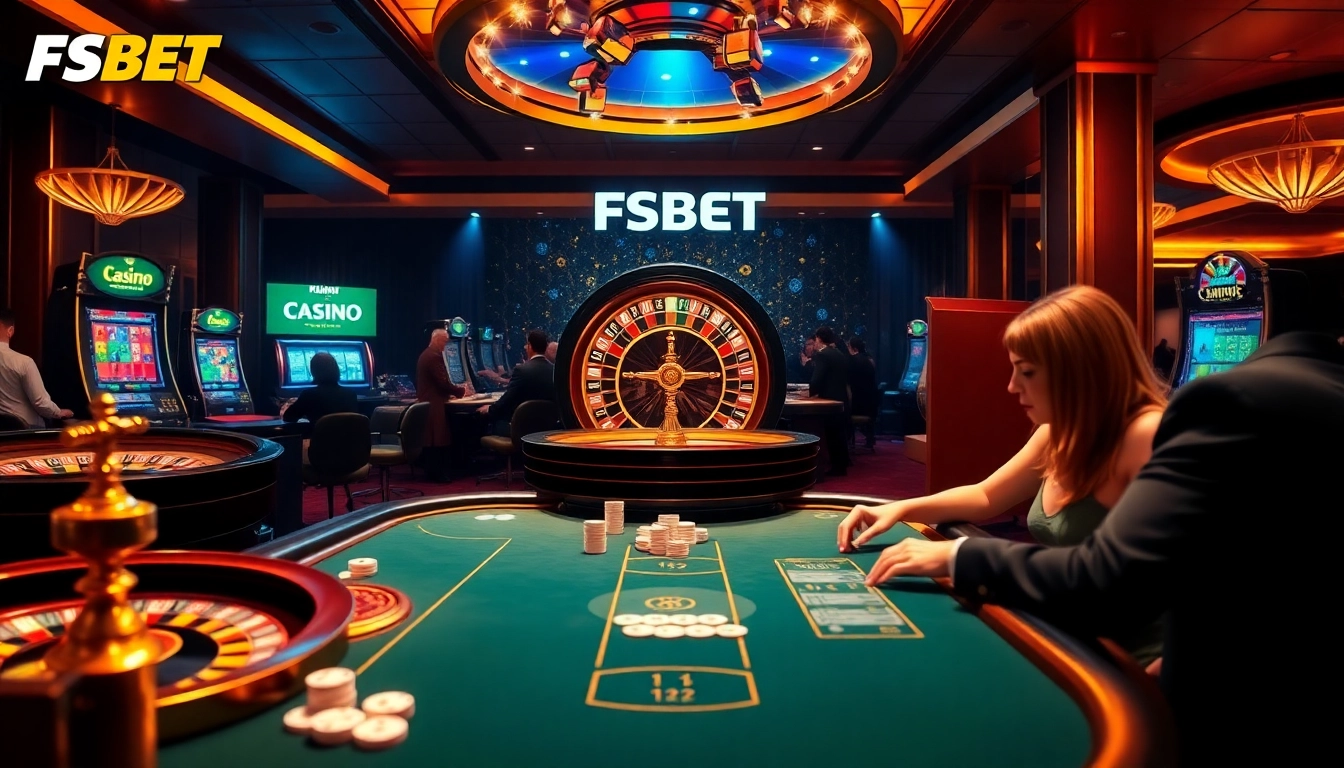 FSBET online casino scene with poker chips and roulette wheels in a luxurious setting.