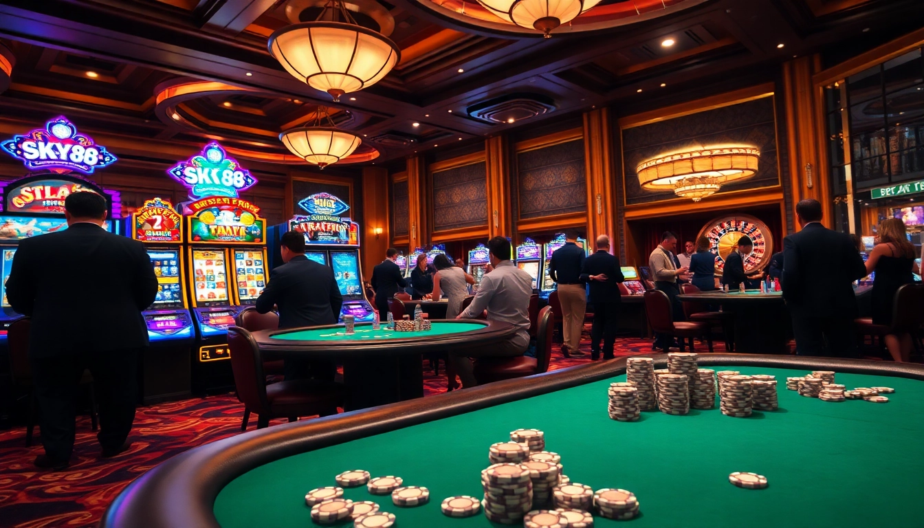 Sky88 casino scene featuring vibrant slot machines, roulette wheel, and poker tables.