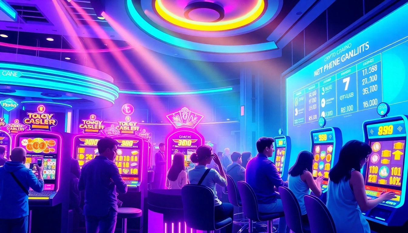 Casino de crypto avec machines à sous futuristes et ambiance nocturne vibrante.