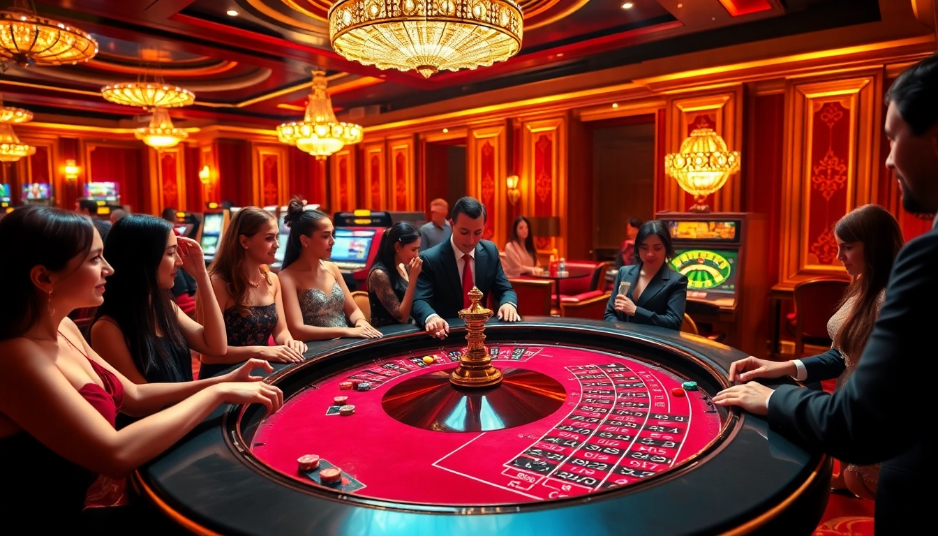 Dabet offers thrilling casino action with players engaged at a roulette table in a luxurious atmosphere.