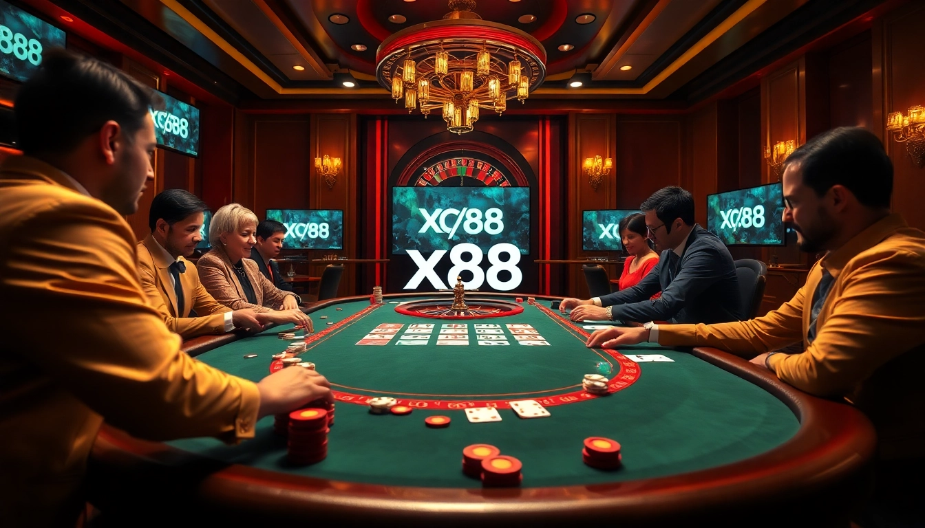 Experience the thrill of Xx88 gaming with high-stakes poker at a luxurious casino table.