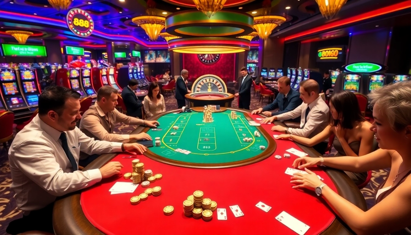 Engage in thrilling gameplay at U 888's luxurious casino tables, featuring poker chips and vibrant slot machines.