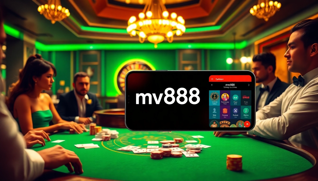 Players enjoying a high-stakes poker game at a luxurious casino with mv88 on display.