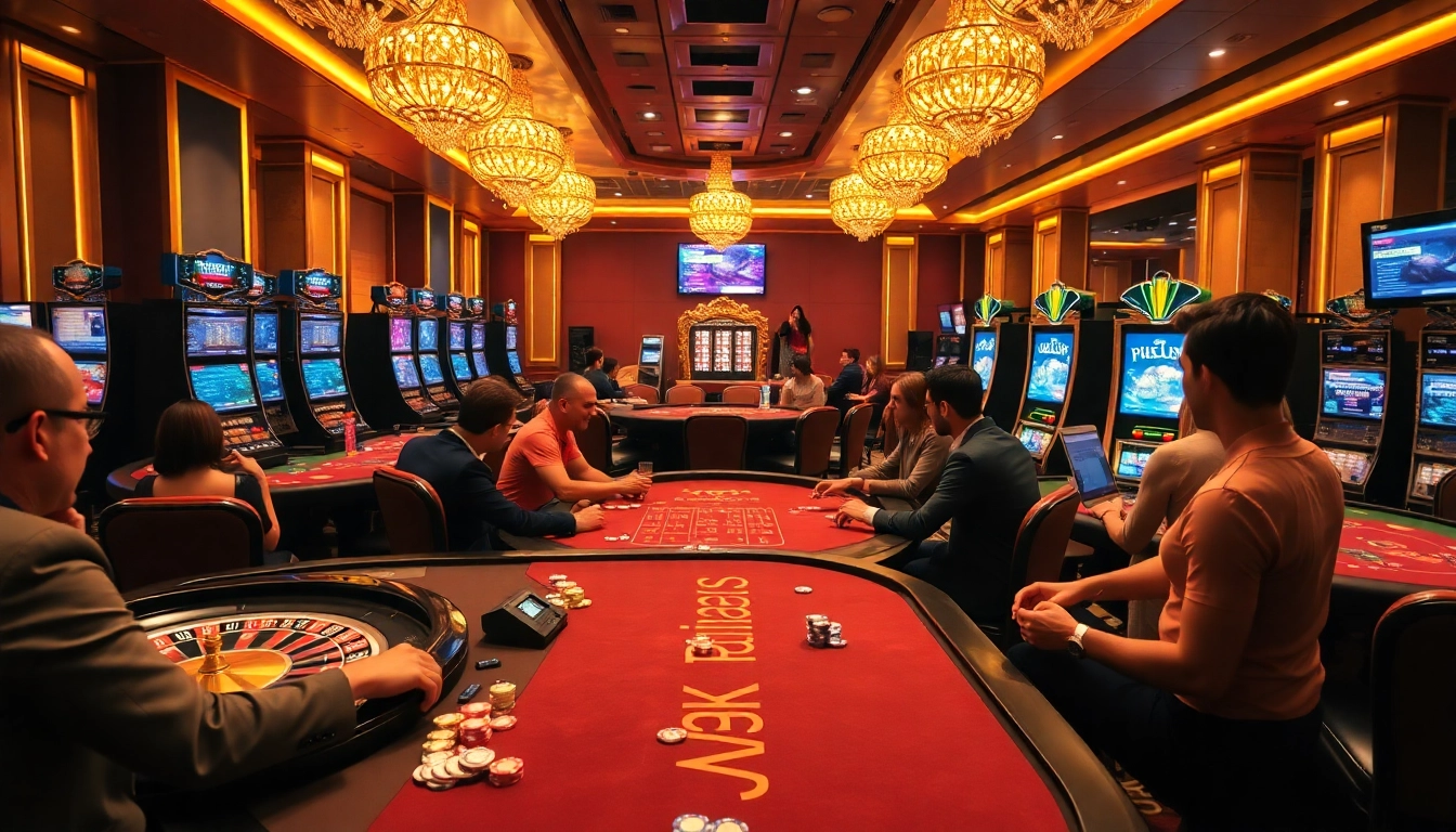 Experience the excitement of rikvip with players engaging in various casino games in a luxurious setting.