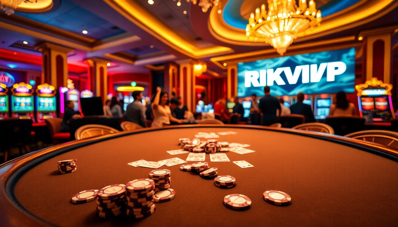 Engage in thrilling gameplay at RIKVIP, with vibrant casino tables and exciting atmosphere.