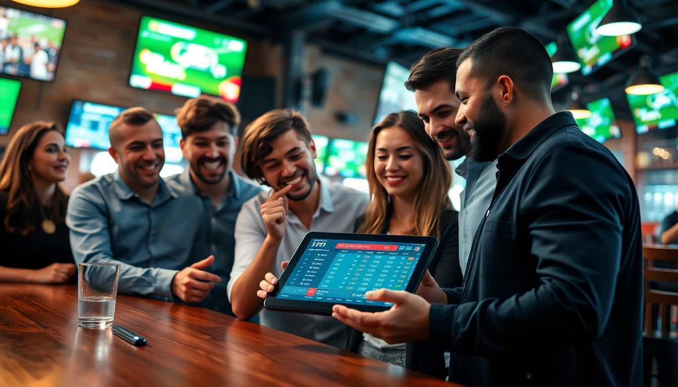 Les utilisateurs analysent un site de paris sportifs sur une tablette dans un bar animé.
