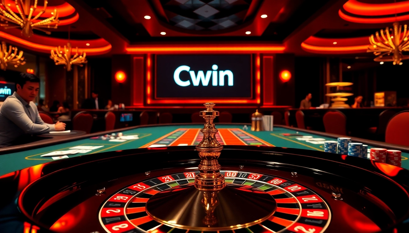 Players enjoying a thrilling game at a casino featuring Cwin branding on the table.