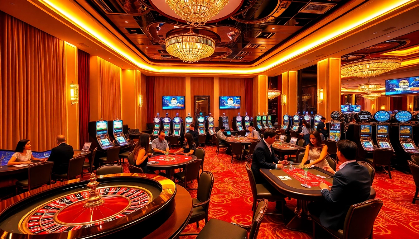 Engaging scene at the Trang chủ Luck8, featuring excited gamblers at roulette and poker tables.