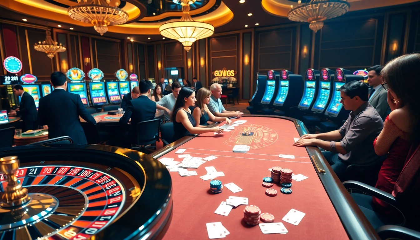 Exciting casino atmosphere with players at tables and roulette wheel highlighting 22jl gaming.