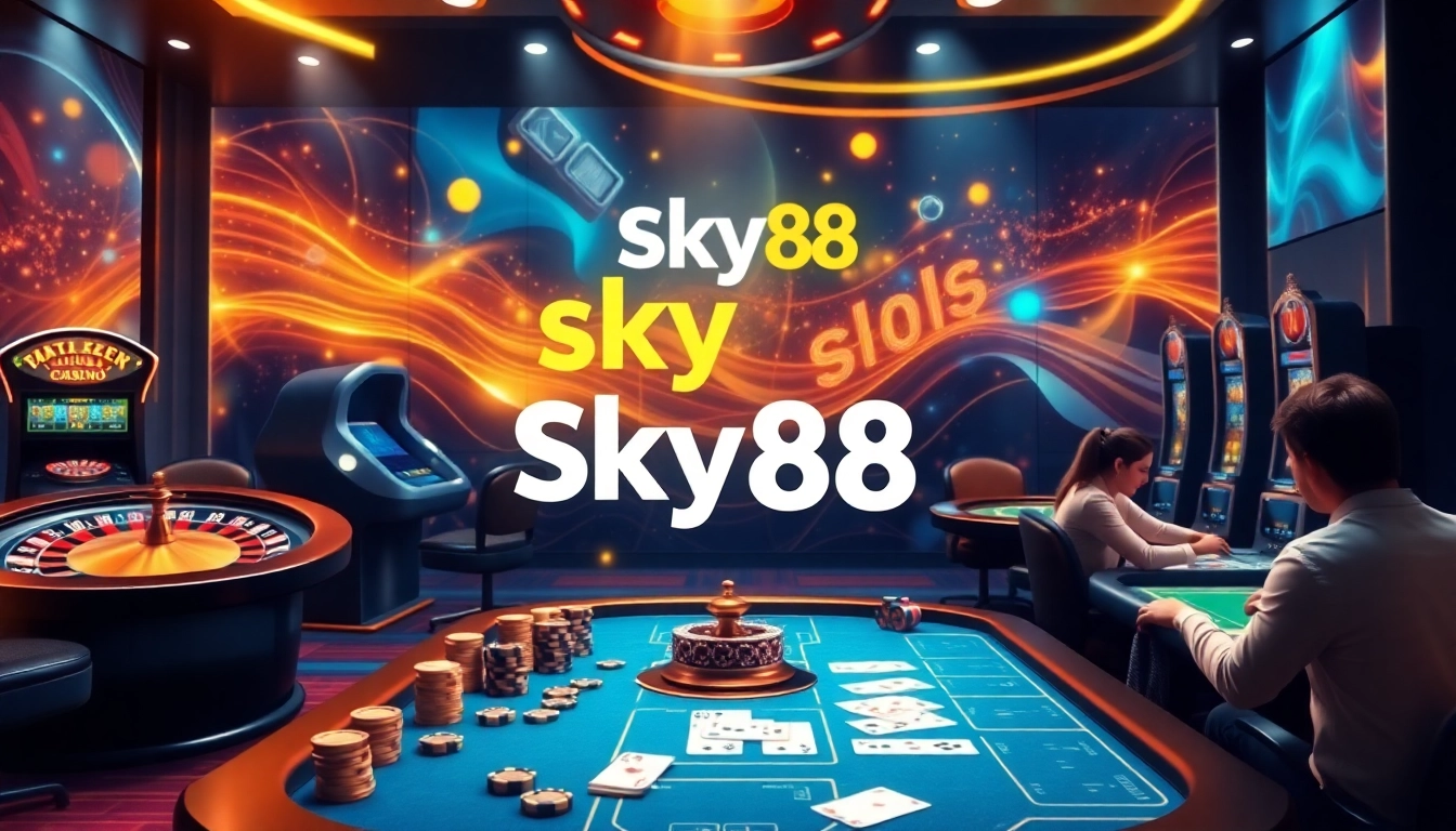 Experience the thrills of online gaming with Sky88's dynamic casino interface showcasing vibrant poker chips and roulette.