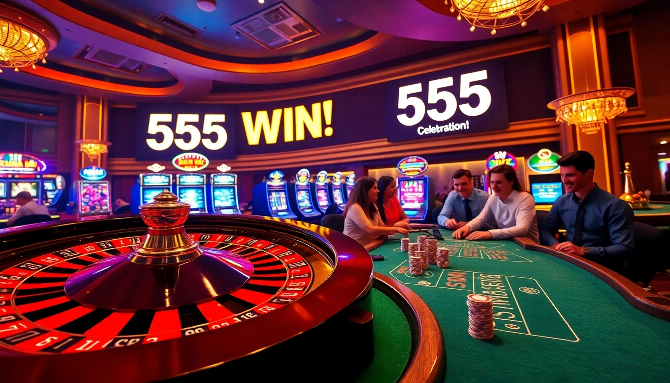 Exciting gaming action at the casino celebrating the 555 win with colorful lights and luxury.