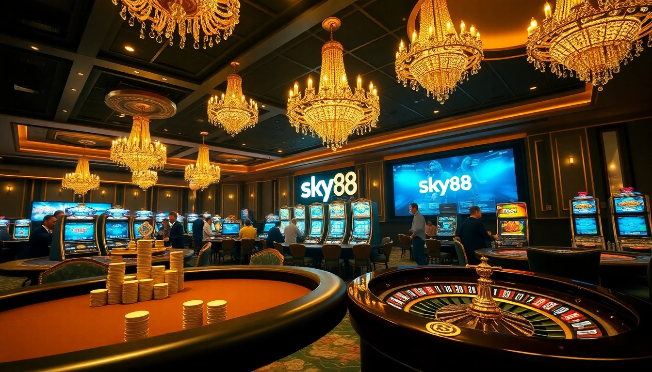 Sky88 offers an exciting scene of intense poker gameplay with vibrant casino elements.