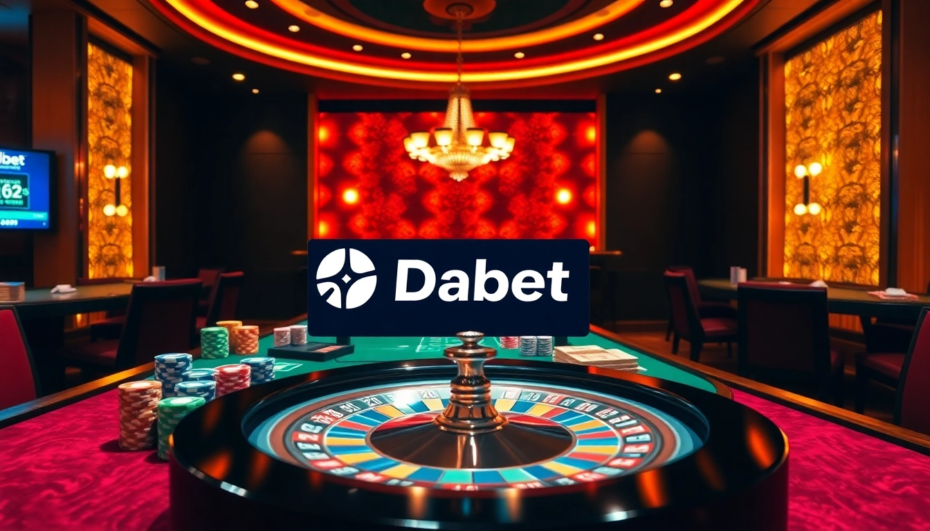 Dabet casino table with vibrant poker chips and roulette wheel, showcasing excitement in gambling.