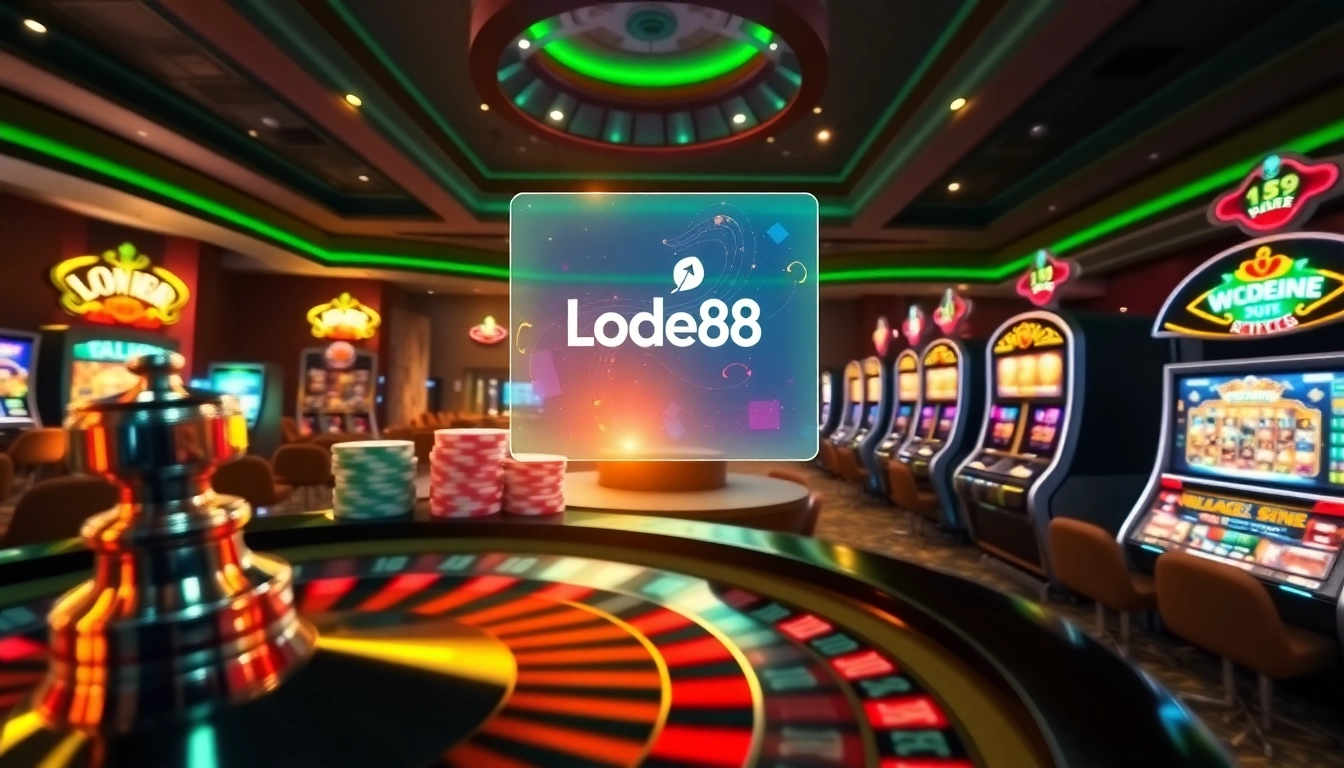 Lode88 online gambling scene featuring vibrant poker chips and an animated roulette wheel.