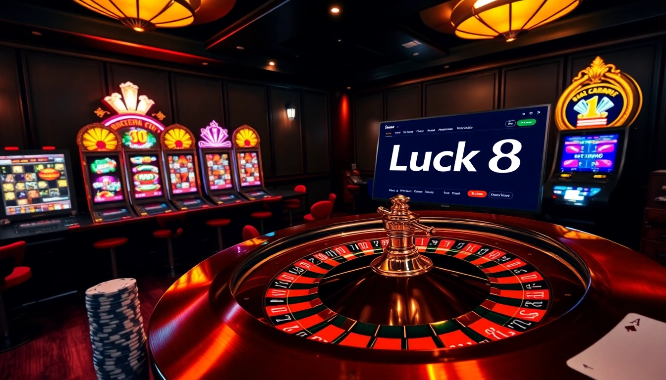 Engage with the excitement of Trang chủ Luck8, showcasing a vibrant casino atmosphere with roulette, slots, and poker.