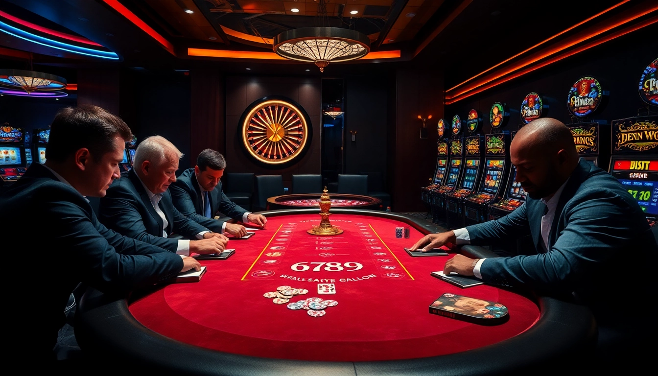 Gambling enthusiasts strategizing at a luxurious casino table with 6789 poker chips and cards.