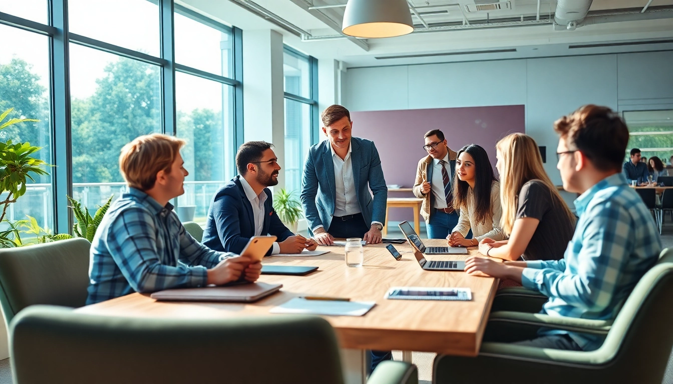Marketing Consultant collaborating in a vibrant office, showcasing teamwork and creativity.