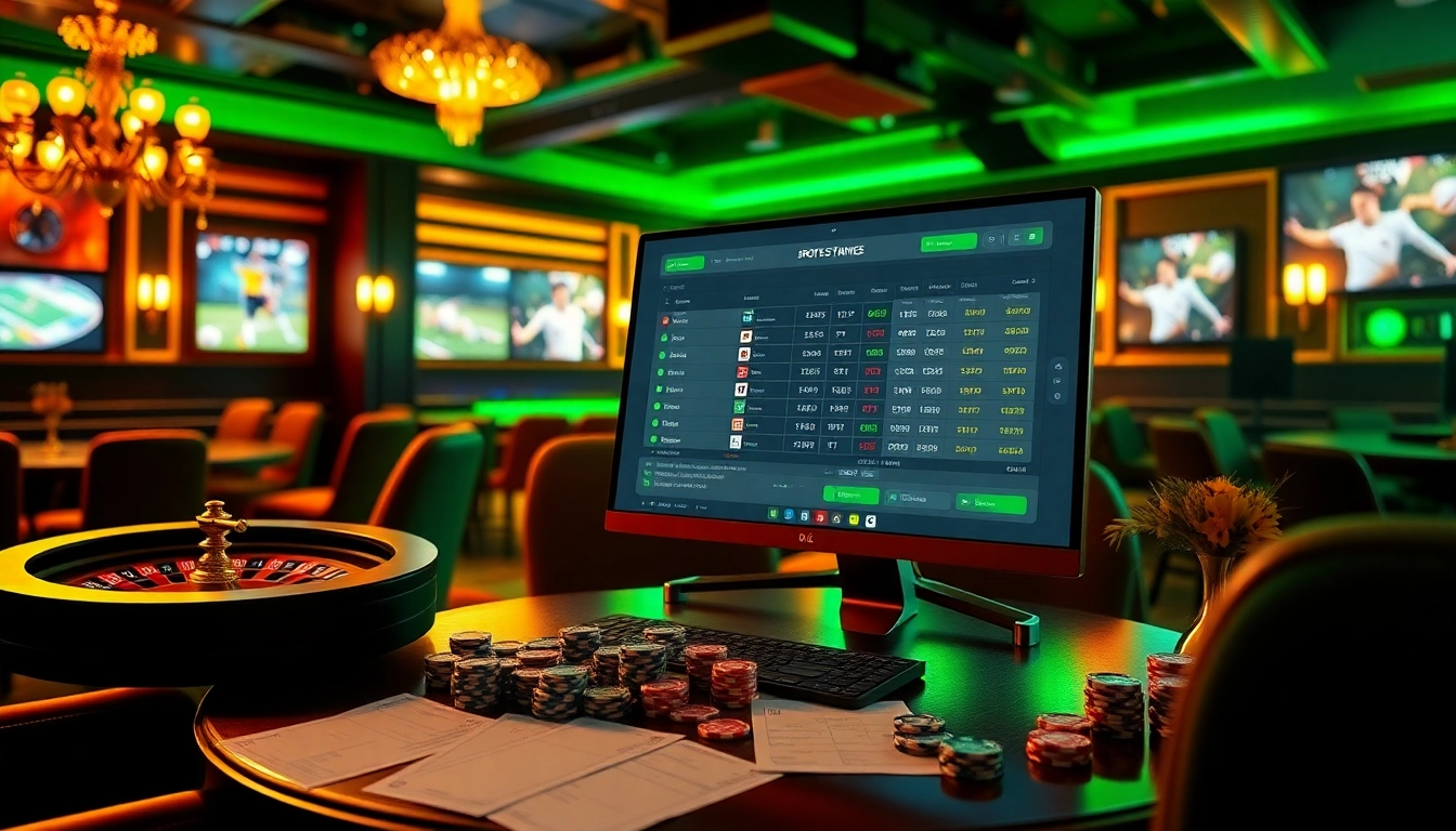 Bons de pari et jetons de poker dans une ambiance excitante de paris sportifs, mettant en valeur les sites de paris sportifs.