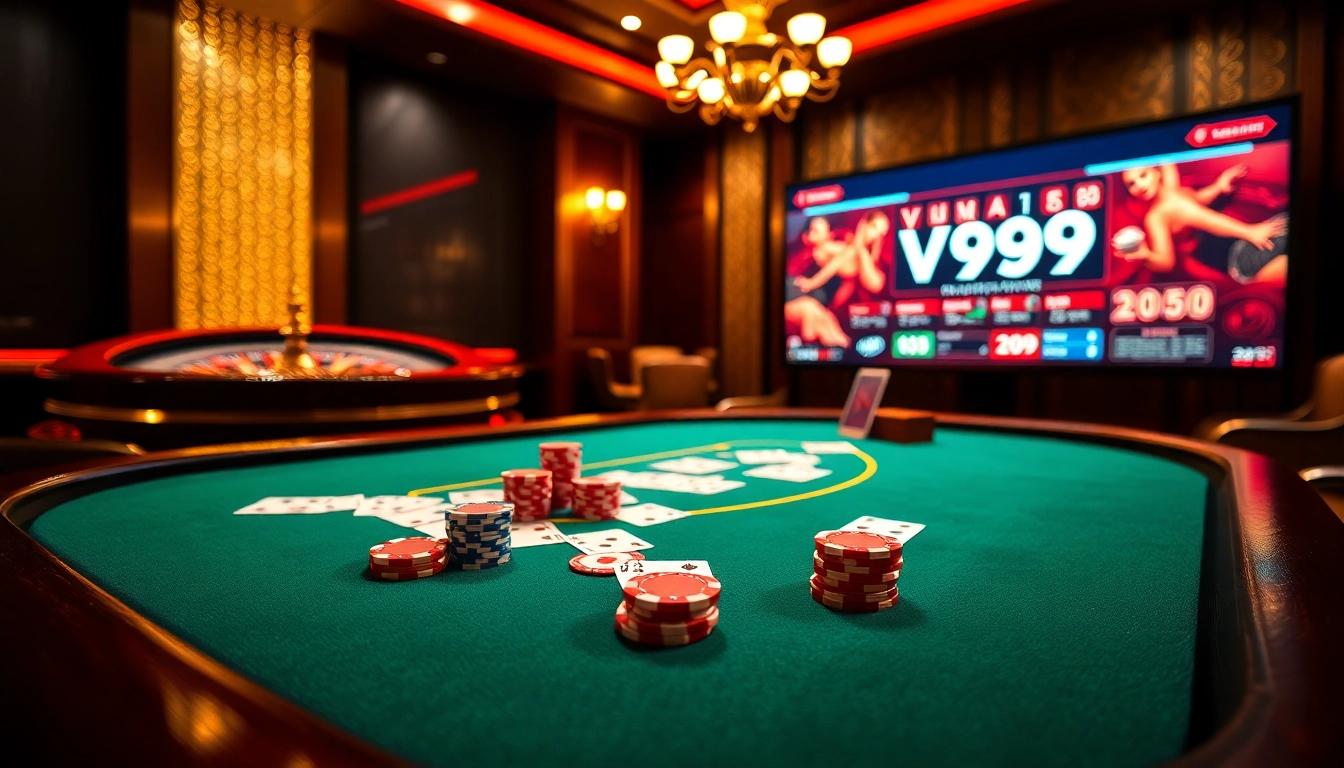 Experience the thrill of winning at Vua99 with a vibrant casino scene showcasing poker and betting excitement.