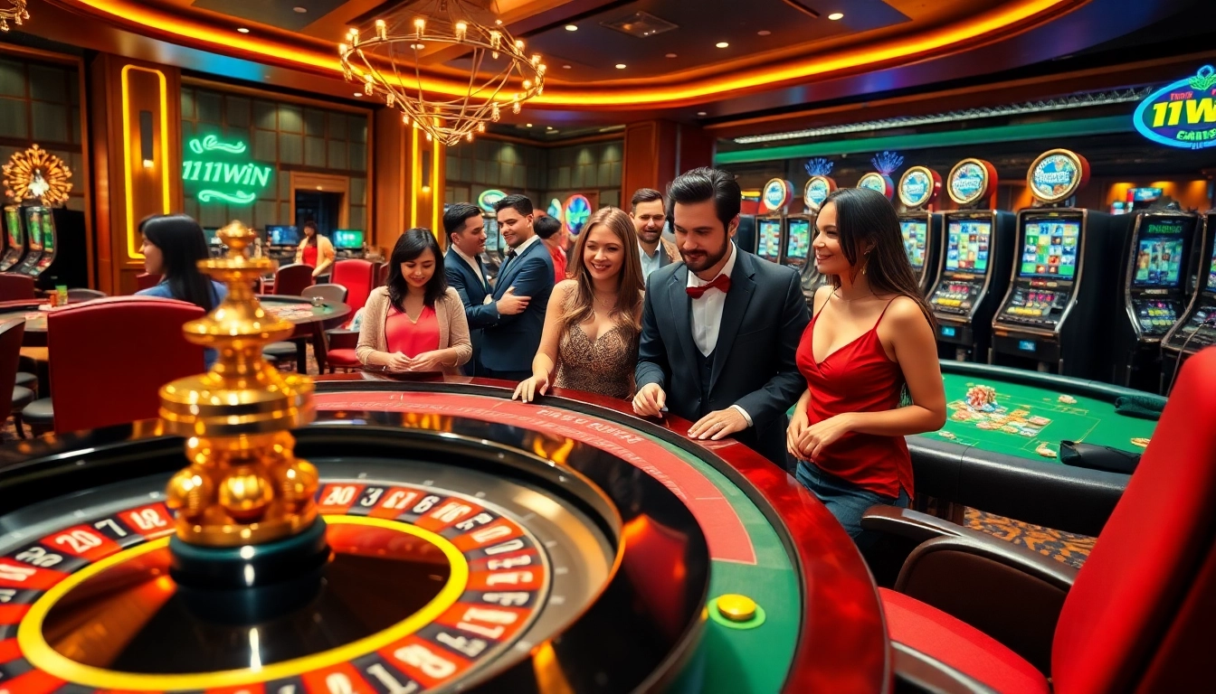 Gambling at 11WIN casino with lively atmosphere, roulette wheel, and poker chips.