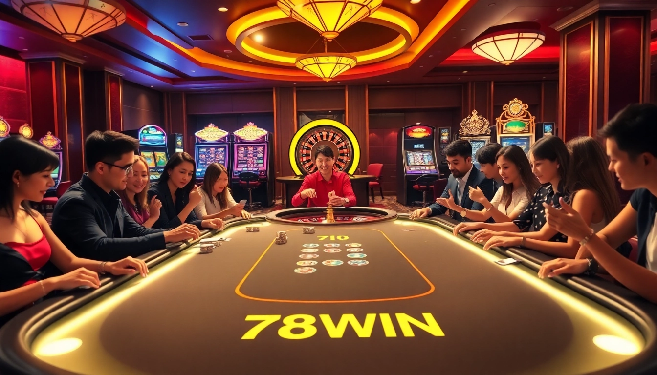 Players enjoying an exciting poker game at 78WIN casino, immersed in luxury and vibrant gameplay.