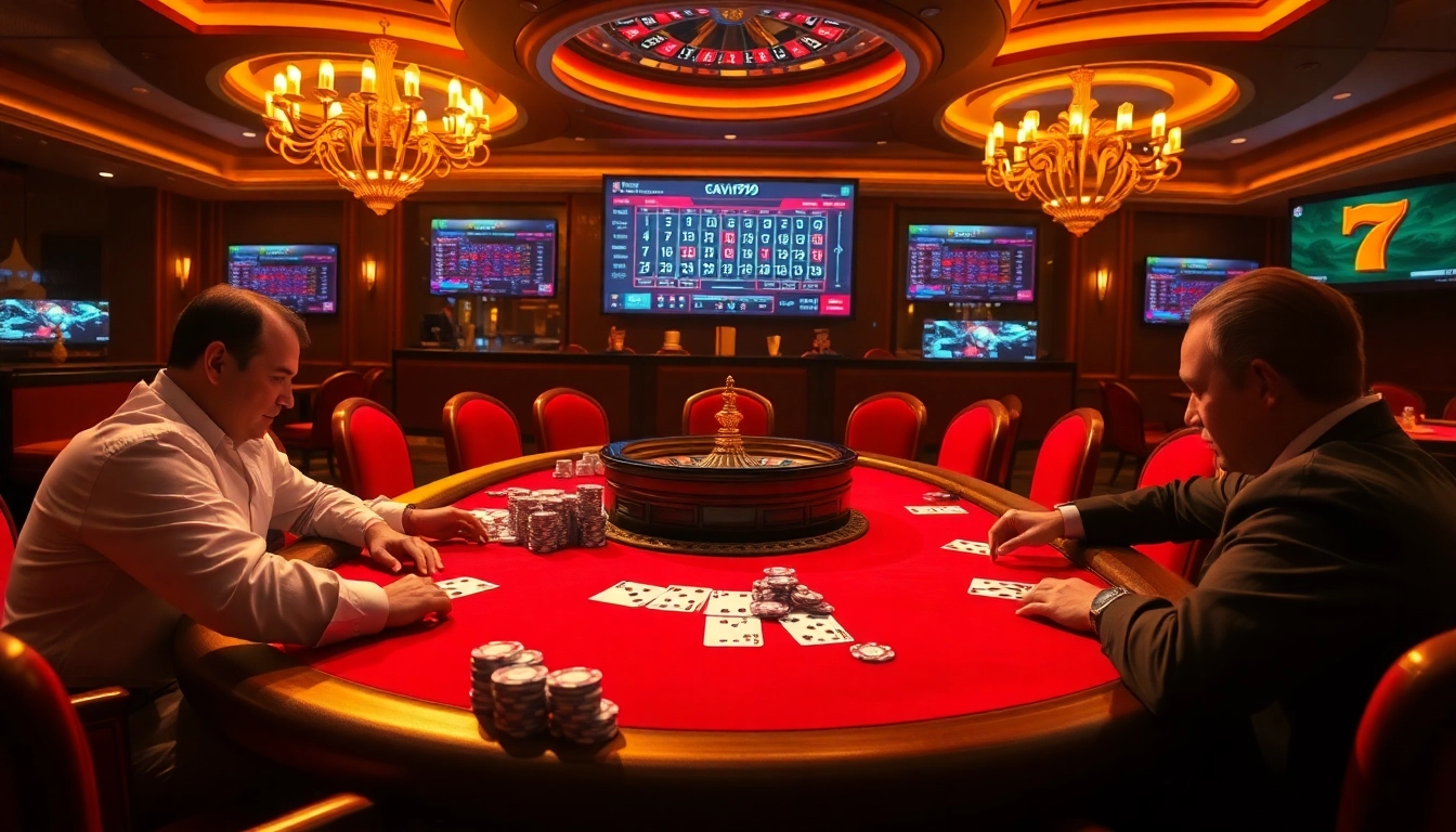 Exciting poker game at Nhà cái GAVIP999 with chips, cards, and a roulette wheel.