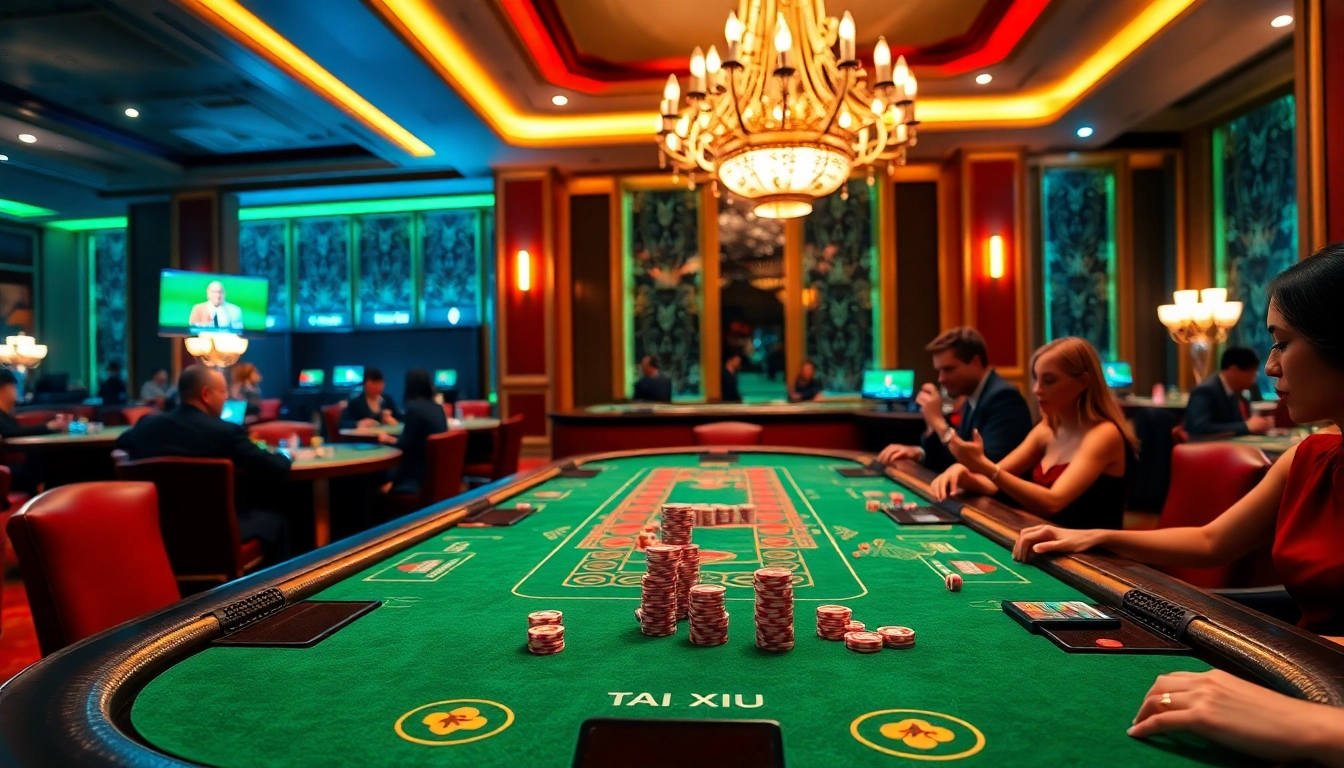 Engage in the thrilling action of tai xiu online with vibrant gaming tables and colorful dice.