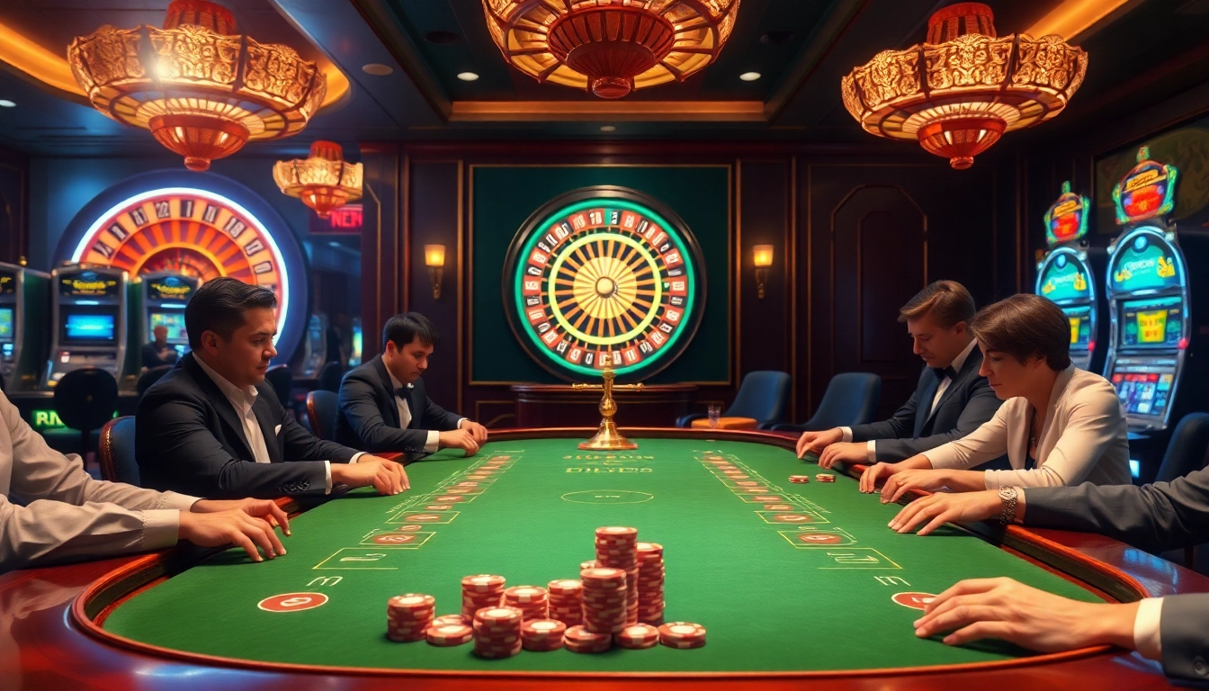 Tỷ lệ nhà cái showcased in a vibrant casino scene with poker players, chips, and roulette wheel.