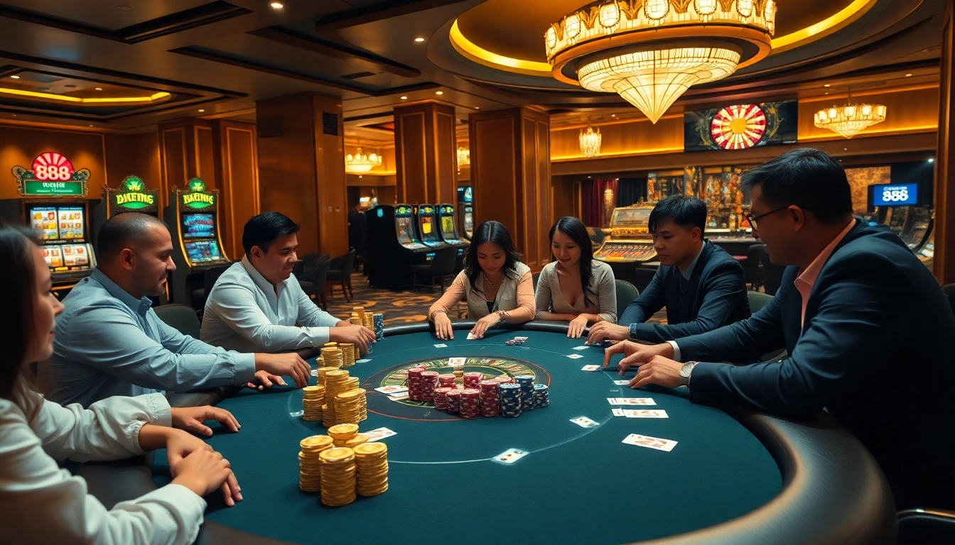 Experience the thrilling atmosphere of u 888 with engaging poker action and luxurious casino decor.