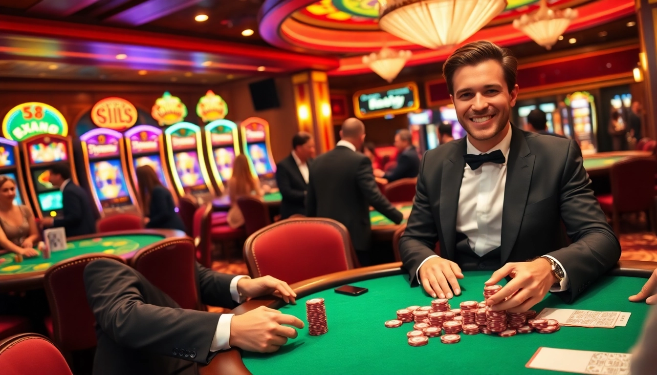 Engaged players enjoying poker with S8 chips at a luxurious casino table.