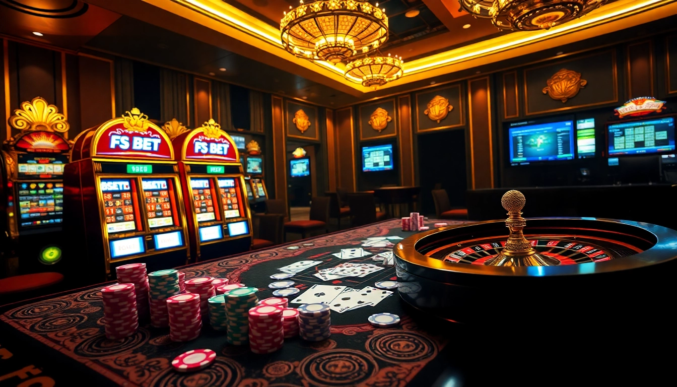Experience the excitement of FSBET with vibrant roulette and poker scenes at a luxurious casino.