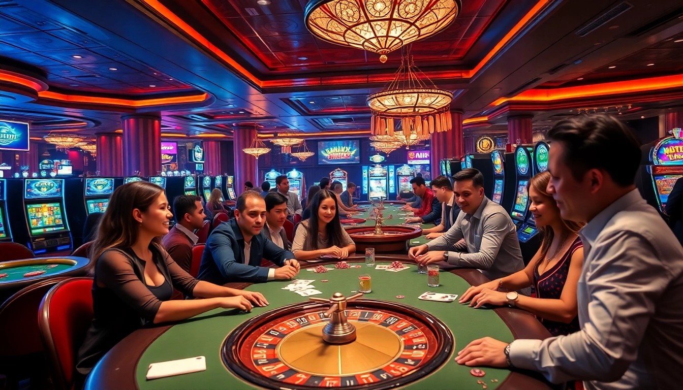Gamblers enjoying thrilling games at HITCLUB casino with vibrant slot machines and poker tables.