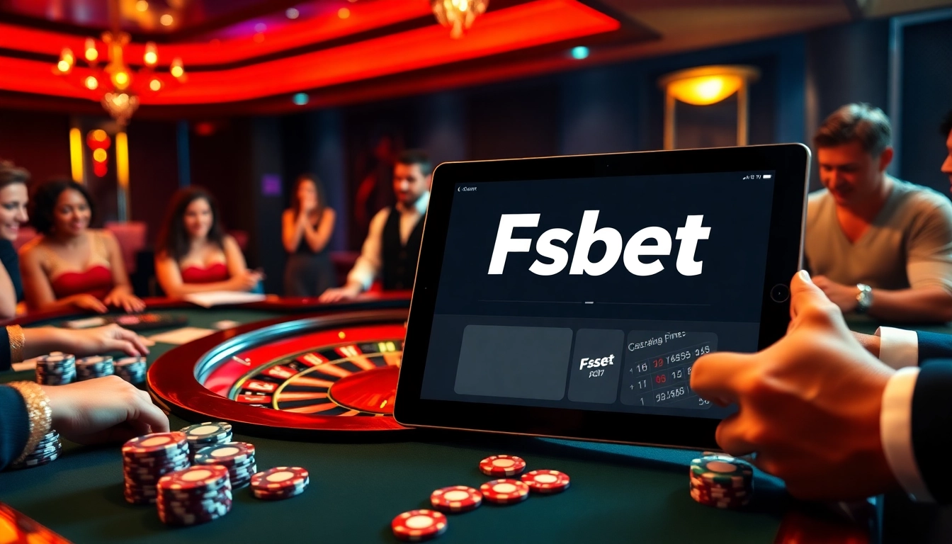 Experience thrilling bets at Fsbet with a vibrant casino scene featuring roulette and poker.